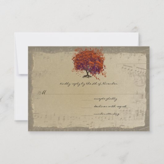 Musical Gold Dark Orange Plum Heart Leaf Tree RSVP Karte (Vorderseite)