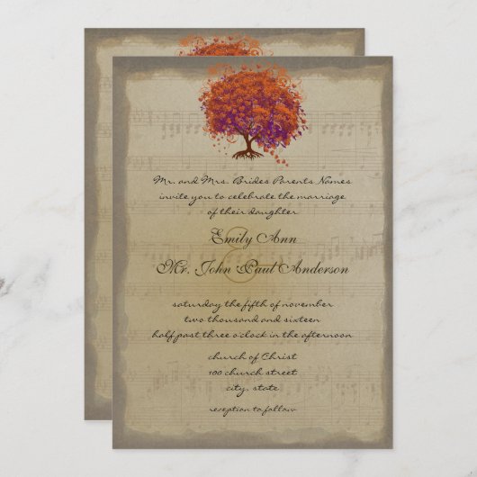 Musical Gold Orange Plum Heart Leaf Tree Hochzeite Einladung (Vorne/Hinten)