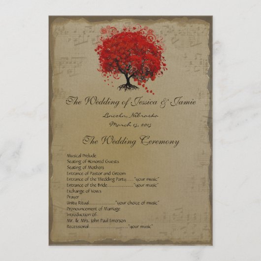 Musical GoldRed Heart Tree Wedding Program Programm (Vorderseite)