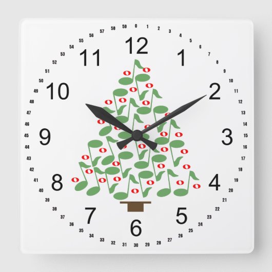 Musical Green Christmas Tree Quadratische Wanduhr (Vorderseite)
