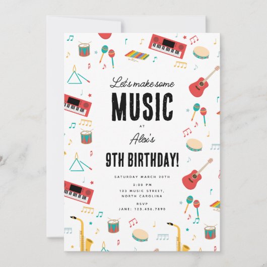 Musical Instruments Music Theme Birthday Party Einladung (Vorderseite)