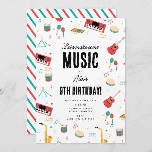 Musical Instruments Music Theme Birthday Party Einladung (Vorne/Hinten)