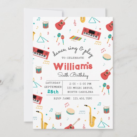 Musical Instruments Music Theme Birthday Party Einladung (Vorderseite)