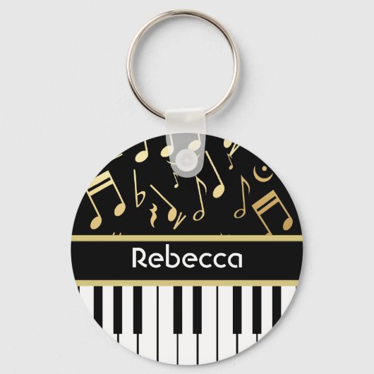 Musical Notes and Piano Keys Black and Gold Schlüsselanhänger (Vorderseite)