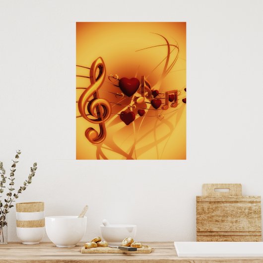 Musical Notes Treble Clef Hört Gold & Red Poster (Küche)