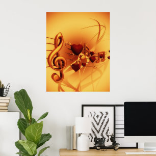 Musical Notes Treble Clef Hört Gold & Red Poster