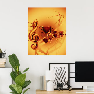 Musical Notes Treble Clef Hört Gold & Red Poster