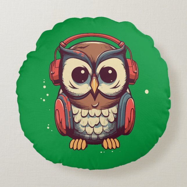 Musical Owl Rundes Kissen (Vorderseite)