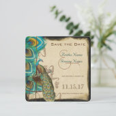 Musical Peacock Bird Cage Feather Save the Date (Stehend Vorderseite)