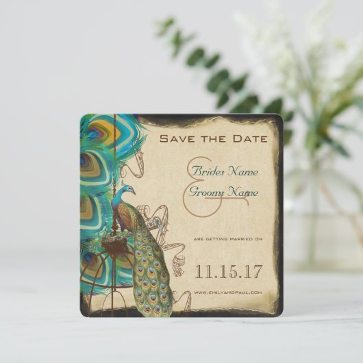 Musical Peacock Bird Cage Feather Save the Date (Stehend Vorderseite)