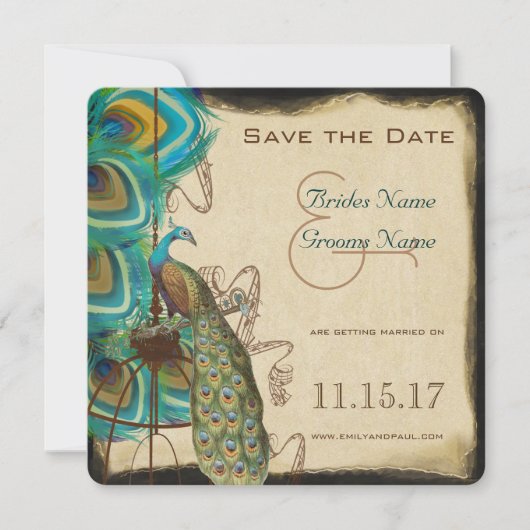 Musical Peacock Bird Cage Feather Save the Date (Vorderseite)
