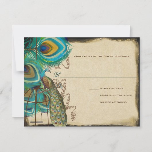Musical Peacock Bird Cage Feather Wedidng UAWG RSVP Karte (Vorderseite)