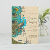 Musical Peacock Bird Cage Feather Wedidnit lädt ei Einladung (Stehend Vorderseite)