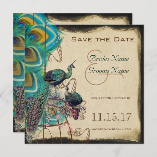 Musical Peacock Bird Cage Love Birds Save the Date Einladung (Vorne/Hinten)