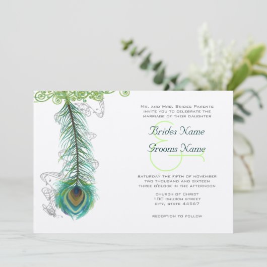 Musical Peacock Feather Dark Wedidning Einladung (Stehend Vorderseite)