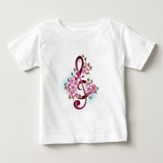 Musical treble clef notes with Sakura flowers Baby T-shirt (Vorderseite)