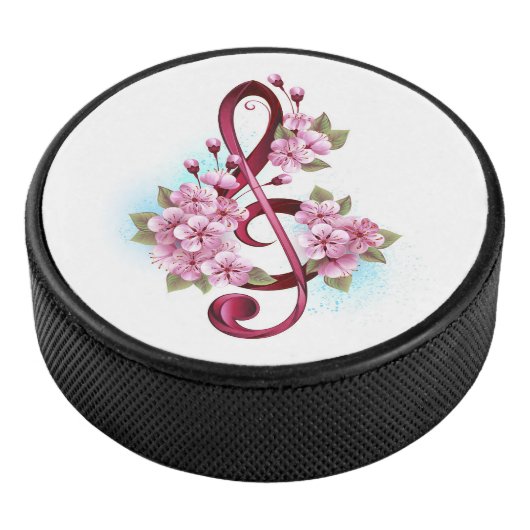 Musical treble clef notes with Sakura flowers Eishockey Puck (3/4)