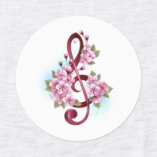 Musical treble clef notes with Sakura flowers Etiketten (Design 1)
