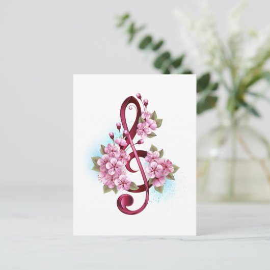 Musical treble clef notes with Sakura flowers Postkarte (Stehend Vorderseite)