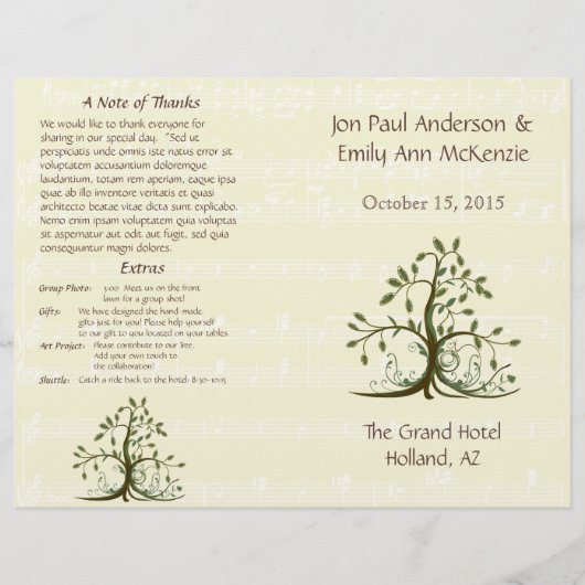 Musical Whispy Tree Wedding Programm (Vorderseite)