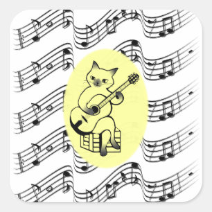 Musician Funny Cat Gitarre spielen auf Musiknoten Quadratischer Aufkleber