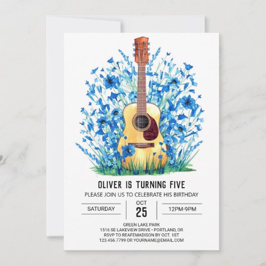 Musician's Whimsical Gitarre Boy Geburtstag Einladung (Vorderseite)