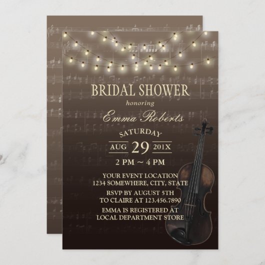 Musik Brautparty Vintag Violine Streichleuchten Einladung (Vorne/Hinten)