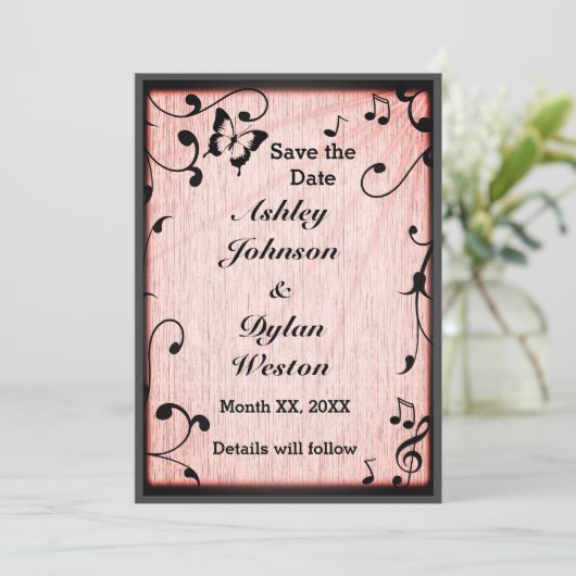 Musik Butterfly Blätter Rosa Rustikale Holzhochzei Save The Date (Stehend Vorderseite)