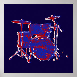 Musik, Drum-Kit, rot und blau Poster