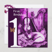 MUSIK Erste Geburtstagsparty Lila Silber Einladung (Vorne/Hinten)