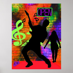 Musik Gitarre Mann und Girl Neon Colors Poster