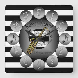 Musik-Haus-Uhr ~Saxophone~ Spirale Scale~Stripes Quadratische Wanduhr