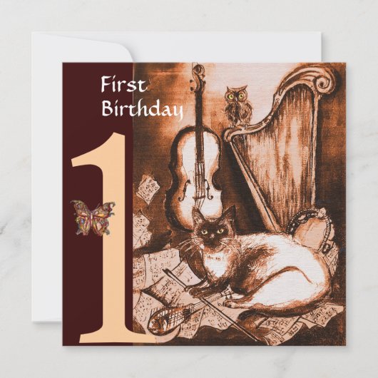 MUSIK KATZE Geburtstagsparty Brown Champagne Einladung (Vorderseite)