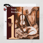 MUSIK KATZE Geburtstagsparty Brown Champagne Einladung (Vorne/Hinten)