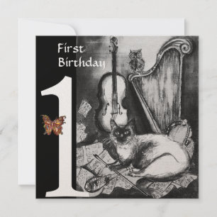 MUSIK KATZE zum ersten Geburtstag Party Black Cham Einladung