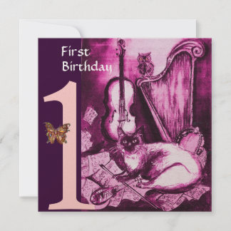 MUSIK KATZENPink Fuchsia Erste Geburtstagspartei G Einladung