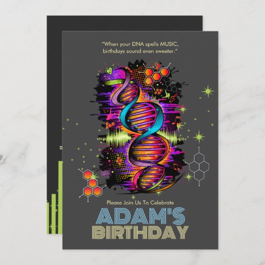 Musik läuft am Geburtstag in Ihrer DNA Einladung (Vorne/Hinten)