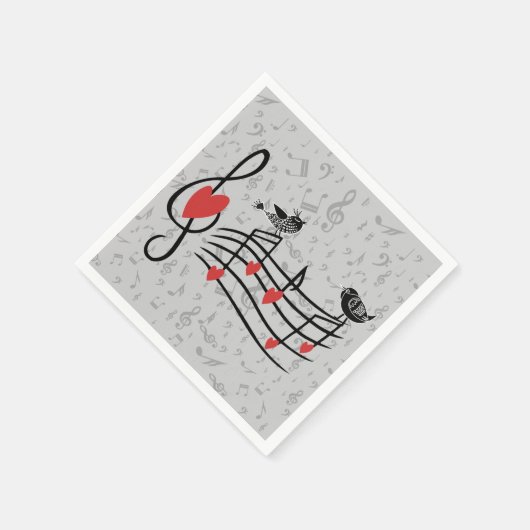 Musik liebt Vögel auf grauen musikalischen Notizen Serviette (Ecke)