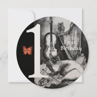 MUSIK MAD CAT erste Geburtstagsparty,Schwarz-weiß Einladung