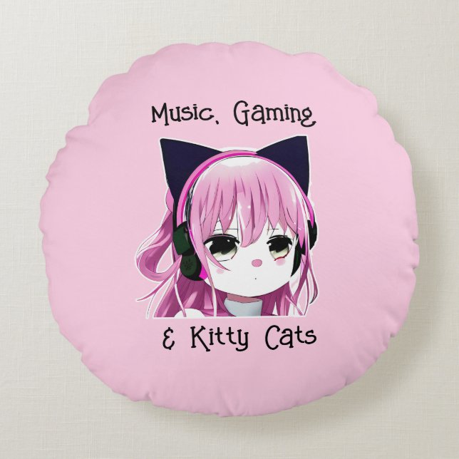 Musik, Spiele und Katzen | Anime Girl Rundes Kissen (Vorderseite)