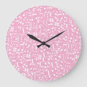Musik Tanzende weiße Noten Sanftes Rosa Große Wanduhr