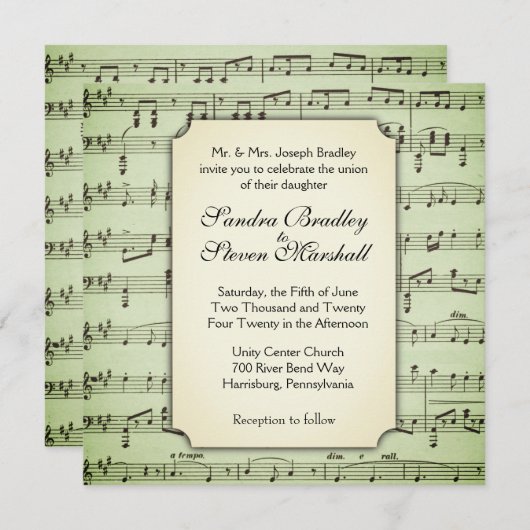 Musik Thema Hochzeit Einladung Grün (Vorne/Hinten)
