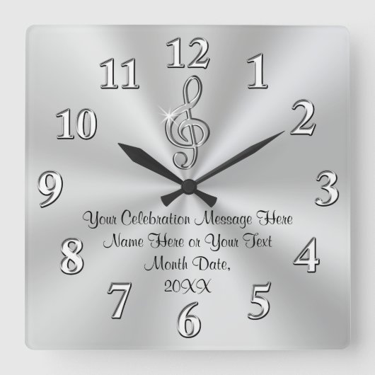 Musik-Themed Wall-Uhr, Silver Treble Clef-Dekorati Quadratische Wanduhr (Vorderseite)