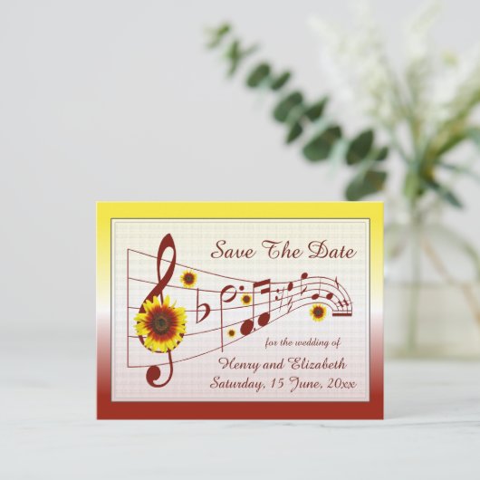 Musik und Sonnenblumen Save the Date Karte (Stehend Vorderseite)