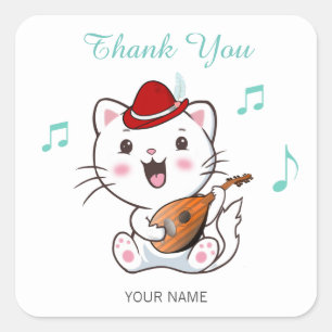 Musikalische Barde Katze mit Mandoline Danke Quadr Quadratischer Aufkleber