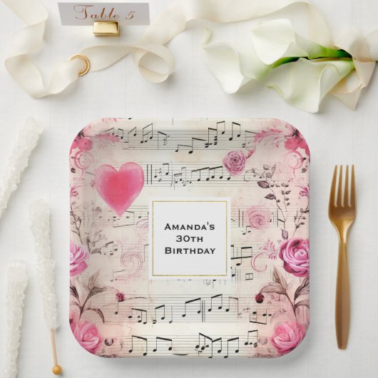 Musikalische Bemerkungen und Rose Vintages Design Pappteller (Hochzeit)