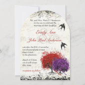 Musikalische Herzleaf Lila Bäume Vögel Hochzeit Einladung (Rückseite)