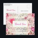 Musikalische Hinweise und Rose Vintages Design Vie Postkarte<br><div class="desc">Vielen Dank Postcard mit elegantem und nostalgischem Design. Musikblatt mit einem großen rosa Herz und rosa Rosen und Wildblumen am Rand.</div>