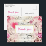 Musikalische Hinweise und Rose Vintages Design Vie Postkarte<br><div class="desc">Vielen Dank Postcard mit elegantem und nostalgischem Design. Musikblatt mit einem großen rosa Herz und rosa Rosen und Wildblumen am Rand.</div>