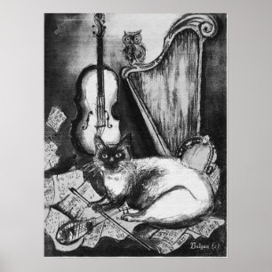 MUSIKALISCHE KATZE, EULE, VIOLINE, HARFE Schwarz W Poster